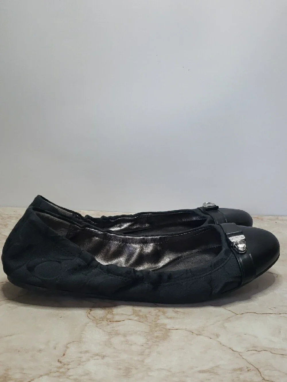 Coach Black Leather Cap-Toe Ballet Flats Monogranb Women's Size 10